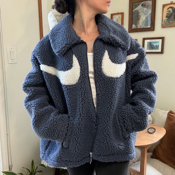 Nike Jackets & Blazers - Nike Double Swoosh Sherpa Faux Fur Teddy Blue Full-Zip Jacket Size L